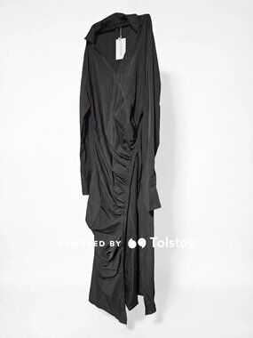 LORAGAL Black Draped Maxi Dress 3XL Collared Long Sleeve Ruched Asymmetrical NWT